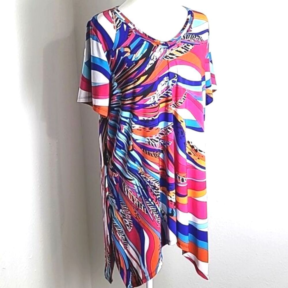 Premise Colorful Short Sleeve High-Low Top, Size 1X